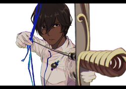  1boy agni_gandiva arjuna_(fate) bad_id bad_pixiv_id blurry bow_(weapon) brown_eyes brown_hair commentary_request dark-skinned_male dark_skin depth_of_field fate/grand_order fate_(series) gloves hair_between_eyes highres holding holding_bow_(weapon) holding_weapon letterboxed long_sleeves male_focus solo takamiya_nao upper_body weapon white_background white_gloves 