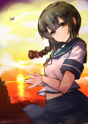  black_eyes black_hair blue_skirt braid cloud commentary_request female hair_ribbon head_tilt isonami_(kancolle) kantai_collection long_hair looking_at_viewer navel ocean outdoors pleated_skirt red_ribbon ribbon school_uniform serafuku shinshin short_sleeves skirt sky smile solo sun sunset twitter_username wind yellow_sky 