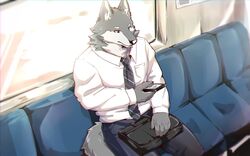  16:10 2017 5_fingers anthro biped black_nose canid canine canis cellphone claws clothed clothing electronics fingers fuguri fully_clothed fur hi_res male mammal multicolored_body multicolored_fur necktie phone sitting solo tuft two_tone_body two_tone_fur widescreen wolf 