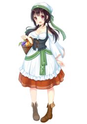  basket black_hair blush boots breasts brown_footwear cleavage commentary_request corset dress female food fruit full_body green_ribbons hair_ribbon highres long_hair looking_at_viewer low_twintails medium_breasts open_mouth original red_eyes ribbon setona_(daice) solo standing transparent_background twintails white_dress 