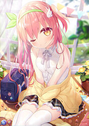  ;) bad_id bad_pixiv_id bag bare_shoulders between_legs black_skirt blurry blurry_background blush breasts brown_eyes candy cardigan cardigan_pull closed_mouth collared_shirt commentary_request depth_of_field dress_shirt envelope female flower food frilled_skirt frills green_hairband green_ribbons hair_ribbon hairband hand_between_legs head_tilt highres indoors lollipop long_hair long_sleeves moe2019 one_eye_closed one_side_up open_cardigan open_clothes original pennant pink_hair plaid plaid_skirt pleated_skirt pottery ribbon school_bag see-through shirt sitting skirt sleeveless sleeveless_shirt sleeves_past_fingers sleeves_past_wrists small_breasts smile solo star_(symbol) star_in_eye string_of_flags symbol_in_eye thighhighs very_long_hair wet wet_clothes wet_shirt white_flower white_shirt white_thighhighs window wing_hair_ornament wooden_floor yano_mitsuki_(nanairo) yellow_cardigan yellow_flower 