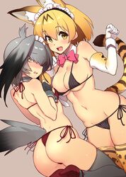  2girls :d animal_ears animal_print ass beige_background bikini black_bikini blonde_hair blush bow bowtie breasts cleavage commentary_request content_rating detached_collar dimples_of_venus dutch_angle elbow_gloves embarrassed fingerless_gloves gloves green_eyes grey_hair grey_legwear hair_between_eyes head_wings kekocha kemono_friends large_breasts legs_up looking_at_viewer looking_back maid_headdress multiple_girls navel nose_blush open_mouth paw_pose paw_print red_bikini serval_(kemono_friends) serval_print shoebill_(kemono_friends) short_hair side-tie_bikini_bottom simple_background small_breasts smile string_bikini striped_bikini striped_clothes striped_tail sweatdrop swimsuit tail thighhighs thong_bikini vertical-striped_bikini vertical-striped_clothes white_gloves wings wrist_cuffs yellow_eyes 