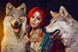  blue_eyes breasts censored circlet cosplay costume dress female freckles helly_von_valentine_(disharmonica) indoors jewelry large_breasts long_hair necklace photo red_hair robe side_braids solo the_witcher triss_merigold wolf 