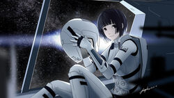  bad_id bad_pixiv_id black_eyes black_hair blunt_bangs bob_cut commentary_request female helmet holding holding_helmet hoshijiro_shizuka houtachi looking_at_viewer photoshop_(medium) science_fiction short_hair sidonia_no_kishi sitting smile solo space spacesuit 