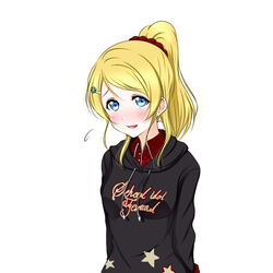  :d arms_behind_back ayase_eli black_sweater blonde_hair blue_eyes commentary_request copyright_name female hair_ornament hair_scrunchie hairclip high_ponytail looking_at_viewer love_live! love_live!_school_idol_festival love_live!_school_idol_project open_mouth red_scrunchie roaru_(gyuren) scrunchie simple_background smile solo standing star_(symbol) star_print sweater upper_body white_background 