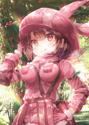  :&gt; alternate_breast_size animal_ears animal_hat arm_up bandana blush breasts brown_eyes brown_hair closed_mouth commentary_request day ek_masato female flower fur-trimmed_gloves fur-trimmed_jacket fur_trim gloves hand_on_own_hip hat impossible_clothes jacket large_breasts llenn_(sao) long_sleeves looking_at_viewer oppai_loli outdoors photoshop_(medium) pink_bandana pink_gloves pink_hat pink_jacket rabbit_ears rabbit_hat red_flower red_rose rose solo sword_art_online sword_art_online_alternative:_gun_gale_online v-shaped_eyebrows 