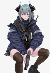  absurdres arknights black_thighhighs brown_eyes commentary female glock grey_hair gun handgun highres holding holding_gun holding_weapon horns id_card invisible_chair jacket liskarm_(arknights) photoshop_(medium) shawl sitting solo symbol-only_commentary thighhighs watch weapon white_background wristwatch yitiao_er-hua 