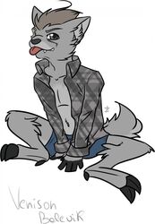  anthro bare_chest biped black_nose blep bottomwear cervine clothed clothing deer digital_drawing_(artwork) digital_media_(artwork) eyebrows fangs flannel hi_res looking_at_viewer male mammal shirt shorts simple_background smile solo teeth tongue tongue_out topwear tufted_deer venison_belevik white_background zata 