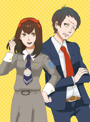  1boy adachi_tooru black_hair brown_eyes brown_hair ch00 commentary_request crossover female formal hair_ribbon mole necktie persona persona_1 persona_4 ribbon school_uniform short_hair smile sonomura_maki st._hermelin_school_uniform suit 