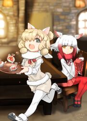  2girls :d ajino_(sakanahen) alpaca_ears alpaca_suri_(kemono_friends) alpaca_tail animal_ears artist_name bird_wings blonde_hair blouse blunt_bangs blurry blurry_background bodystocking breast_pocket chair closed_mouth commentary_request cup dated day drink frilled_sleeves frills fur-trimmed_footwear fur-trimmed_sleeves fur_collar fur_scarf fur_trim gloves green_eyes hair_bun hair_over_one_eye hands_up head_wings holding holding_cup holding_tray horizontal_pupils indoors japanese_crested_ibis_(kemono_friends) kemono_friends legs_together long_hair long_sleeves looking_at_another mary_janes medium_hair multicolored_hair multiple_girls neck_ribbon open_mouth orange_eyes pantyhose pleated_skirt pocket red_gloves red_hair red_legwear red_ribbon ribbon running scarf shirt shoes shorts single_hair_bun sitting skirt smile spilling steam sweater_vest table tail teeth tray upper_teeth_only white_hair white_scarf white_shirt wide_sleeves window wings 