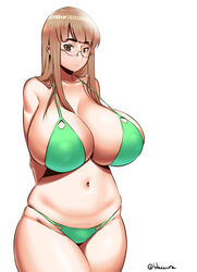  :&lt; arms_behind_back bare_shoulders belly bikini blaccura breasts brown_eyes brown_hair cleavage commentary_request curvy female glasses green_bikini highres huge_breasts long_hair navel original plump pout shadow simple_background skindentation solo swimsuit thick_eyebrows thick_thighs thighs twitter_username white_background wide_hips 