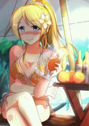  ayase_eli bad_id bad_pixiv_id beach_umbrella bikini blonde_hair blue_eyes breasts cleavage crossed_legs female floral_print flower front-tie_bikini_top front-tie_top hair_flower hair_ornament highres kowaremashita love_live! love_live!_school_idol_project medium_breasts ponytail print_bikini side-tie_bikini_bottom sitting smile solo swimsuit umbrella yellow_bikini 