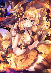  :3 :o =_= animal_ear_fluff animal_ears artist_name bare_shoulders bat black_bra black_choker black_gloves black_hat black_legwear blonde_hair blush bra breasts building choker cleavage creature female fingerless_gloves food fox_ears fox_girl fox_tail fruit full_moon gloves hair_ornament hair_scrunchie halloween halloween_costume hands_up hat hat_ribbon highres jack-o&#039;-lantern kawaii_nihongo kitsune lamp large_breasts light_particles long_hair looking_at_viewer miniskirt moon navel night no_shirt orange orange_ribbon orange_skirt outdoors parted_lips pleated_skirt ribbon riko_(kawaii_nihongo) scrunchie seiza sitting skirt sky solo squchan star_(sky) starry_sky stomach strap_slip tail thighhighs underwear window witch_hat yellow_eyes zettai_ryouiki 