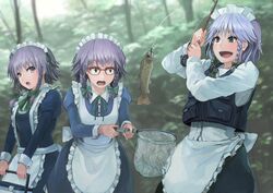  3girls :d aika_(cookie) apron bespectacled black_eyes blue_dress blue_eyes blue_vest blurry blurry_background blush bow braid breasts commentary_request constricted_pupils cookie_(touhou) cooler cowboy_shot dress fish fishing_hook fishing_rod forest frilled_apron frills genpatsu_(cookie) glasses green_bow green_neckwear green_ribbons grey_hair hair_ribbon hairbow hand_net hands_up holding holding_fishing_rod ichiba_youichi izayoi_sakuya juliet_sleeves long_sleeves looking_at_another maid maid_apron maid_headdress medium_breasts multiple_girls multiple_persona nature neck_ribbon open_mouth outdoors partial_commentary petticoat puffy_sleeves purple_eyes red-framed_eyewear ribbon ryuuga_(cookie) shirt short_hair smile standing touhou tsurikichi_obasan twin_braids vest waist_apron white_shirt wing_collar 