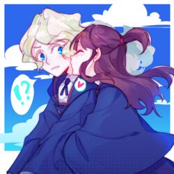  !? 2girls blonde_hair blue_eyes blush brown_hair closed_eyes cloud commentary_request day diana_cavendish heart kagari_atsuko kissing kissing_cheek little_witch_academia milk_puppy multiple_girls parted_lips sky yuri 