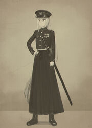  commentary eyeharmheart female formal full_body hand_on_own_hip hat highres higuchi_kaede higuchi_kaede_(8th_costume) katana long_hair long_skirt medal military_hat mole mole_under_eye nijisanji photoshop_(medium) sepia sheath sheathed skirt solo sword very_long_hair virtual_youtuber weapon 