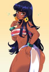  ass black_hair breasts brown_eyes chel_(the_road_to_el_dorado) dark_skin earrings female from_behind gradient gradient_background highres jewelry lips loincloth long_hair looking_at_viewer medium_breasts parted_lips queen_ashi road_to_el_dorado solo strapless tubetop underboob wet yellow_background 