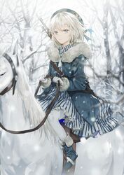  bad_id bad_pixiv_id blue_dress boots closed_mouth coat commentary_request dangmill dress female frills fur_boots fur_collar fur_trim grey_eyes grey_hair gun hat horse horseback_riding looking_at_viewer open_clothes open_coat original outdoors pantyhose riding rifle skirt snow solo striped_clothes striped_dress tsurime weapon white_pantyhose winter_clothes 