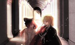  2girls aiguillette arch bag black_cape black_necktie blonde_hair blue_eyes borrowed_clothes brown_hair cape cardigan commentary_request couple day fate_testarossa floor flower hallway happy hat jewelry long_hair long_sleeves looking_at_another lyrical_nanoha mahou_shoujo_lyrical_nanoha military military_uniform milk_puppy multiple_girls necklace necktie pendant photoshop_(medium) ponytail purple_flower raising_heart raising_heart_(standby_mode) red_eyes red_hair sash shoulder_bag sidelocks signature smile takamachi_nanoha uniform unworn_hat unworn_headwear upper_body wind yuri 