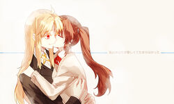  2girls blonde_hair brown_hair commentary_request couple fate_testarossa kissing kissing_cheek lyrical_nanoha mahou_shoujo_lyrical_nanoha milk_puppy multiple_girls photoshop_(medium) red_eyes school_uniform side_ponytail takamachi_nanoha yuri 