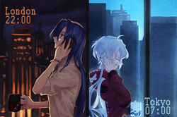  2girls blue_hair cellphone commentary_request cup kazanari_tsubasa london milk_puppy mug multiple_girls phone photoshop_(medium) senki_zesshou_symphogear talking talking_on_phone tokyo_(city) white_hair yukine_chris 