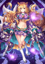  animal_ear_fluff animal_ears artist_name bare_shoulders bell blonde_hair blush boots breasts crop_top detached_sleeves dual_wielding female floating_hair floral_print flower fox_ears fox_tail full_body hair_flower hair_ornament highres holding holding_weapon japanese_clothes jingle_bell kawaii_nihongo knee_boots kyuubi light_particles long_hair long_sleeves looking_at_viewer magic medium_breasts midriff miniskirt multiple_tails naginata navel night night_sky parted_lips polearm purple_skirt riko_(kawaii_nihongo) rock skirt sky solo squchan standing standing_on_one_leg star_(sky) starry_sky stomach tail very_long_hair weapon white_footwear wide_sleeves yellow_eyes 