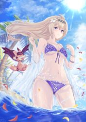  absurdres ahoge bad_id bad_pixiv_id beach bikini blonde_hair blue_sky bracelet breasts cleavage cloud collarbone dated day dragon female flower front-tie_bikini_top front-tie_top granblue_fantasy hair_between_eyes hair_flower hair_ornament hair_ribbon hairband highres jeanne_d&#039;arc_(granblue_fantasy) jeanne_d&#039;arc_(summer)_(granblue_fantasy) jewelry lily_(flower) long_hair low-tied_long_hair medium_breasts navel ocean official_alternate_costume outdoors palm_tree petals purple_bikini purple_eyes ribbon side-tie_bikini_bottom sky smile solo sun swimsuit tree twitter_username underboob vyrn_(granblue_fantasy) wading water white_ribbon yushia 