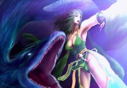  aged_up armpits bad_id bad_pixiv_id blue_eyes breasts cleavage commentary_request cowboy_shot detached_sleeves female final_fantasy final_fantasy_iv green_hair green_legwear green_leotard highres large_breasts leotard leviathan_(final_fantasy) long_hair looking_to_the_side open_mouth outstretched_arm pelvic_curtain rydia_(ff4) snake spoilers standing thighhighs tiara y&quot;s 