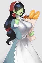  apron bag black_hair blue_eyes bread breasts female female_orc food green_skin hair_over_one_eye headscarf highres long_hair monster_girl nina_(scathegrapes) orc scathegrapes teeth 