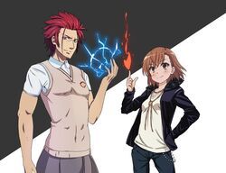  1boy breasts brown_eyes brown_hair commentary_request cosplay costume_switch crossdressing crossover electricity electrokinesis female fire glowing jacket k-project magic misaka_mikoto misaka_mikoto_(cosplay) name_connection power_switch psychic pyrokinesis red_eyes red_hair school_uniform science_fiction short_hair small_breasts smile summer_uniform suoh_mikoto suoh_mikoto_(cosplay) sweater_vest toaru_kagaku_no_railgun toaru_majutsu_no_index tokiwadai_school_uniform zero_(miraichizu) 