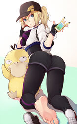  :o aqua_background ass backpack bag barefoot baseball_cap batatata77 belt black_gloves black_hat blue_eyes breasts cable cellphone choker commentary cropped_jacket eyelashes feet female female_protagonist_(pokemon_go) fingerless_gloves from_behind gloves hair_between_eyes hat highres holding holding_phone holding_poke_ball kneeling leggings long_hair looking_at_viewer looking_back medium_breasts phone phone_with_ears pikachu pikachu_tail poke_ball pokemon pokemon_(creature) pokemon_go pokemon_tail ponytail psyduck shoe_soles shoes single_shoe sleeves_past_elbows soles tail themed_object toes unworn_shoes white_background 