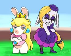  blonde_hair blue_eyes bottomless broodal buckteeth clothed clothing crossed_arms crossover digital_media_(artwork) dress ear_piercing female footwear hair hariet_(mario) headgear high_heels lagomorph mammal mario_bros mario_plus_rabbids_kingdom_battle nintendo piercing rabbid rabbid_peach raving_rabbids rayman_(series) red_eyes shoes short_stack super_mario_odyssey teeth thewill ubisoft 