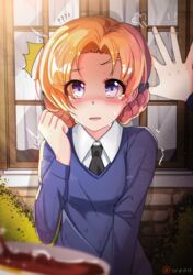  !? 2015 ? ?? ^^^ bad_id bad_pixiv_id blue_eyes blush brick_wall bush cup female girls_und_panzer highres kabedon kowaremashita necktie nose_blush orange_hair orange_pekoe_(girls_und_panzer) patreon_logo patreon_username puff_of_air school_uniform solo_focus st._gloriana&#039;s_school_uniform sweat sweater tea teacup trembling watermark window 