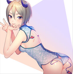  ass bbbannooo blue_panties blush bodypaint breasts brown_eyes commentary_request corset demon_horns demon_tail drawn_tail drawn_wings fake_tail fake_wings female from_behind grey_hair hair_between_eyes horns idolmaster idolmaster_cinderella_girls lingerie looking_at_viewer looking_back medium_breasts panties photoshop_(medium) shiomi_syuko short_hair sideboob sidelocks solo tail tongue tongue_out underwear v wings 