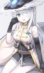  abyssal_ship anchor_symbol asymmetrical_gloves bad_id bad_twitter_id belt black_gloves blue_eyes blush breasts butterfly_hair_ornament colored_skin cosplay elbow_gloves female gloves granblue_fantasy hair_ornament hair_over_one_eye hat highres kantai_collection long_hair looking_at_viewer medium_breasts narmaya_(granblue_fantasy) narmaya_(granblue_fantasy)_(cosplay) nonon_(xenonbot) open_mouth seaport_summer_princess sideboob sitting sleeveless solo sun_hat uneven_gloves very_long_hair white_hair white_hat white_skin 