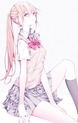  black_socks bow bowtie brown_eyes brown_hair closed_mouth collared_shirt commentary_request female grey_background grey_skirt hair_between_eyes highres knee_up kneehighs long_hair looking_at_viewer original pink_bow pink_bowtie pleated_skirt ponytail school_uniform shimano shirt short_sleeves sidelocks simple_background sitting skirt socks solo sweater_vest white_shirt 