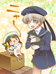  2girls :3 :d anchor animal aqua_eyes batsubyou black_cat blush box brown_hair cardboard_box clothes_writing commentary_request dress error_musume feline girl_holding_a_cat_(kancolle) grey_hair hair_ornament hair_ribbon hat kantai_collection military military_hat military_uniform multiple_girls open_mouth pleated_skirt ribbon sailor_collar sailor_dress sailor_hat school_uniform serafuku short_dress short_hair skirt smile twintails uniform unsinkable_sam white_cat white_skirt yellow_ribbon yumaru_(marumarumaru) z1_leberecht_maass_(kancolle) 