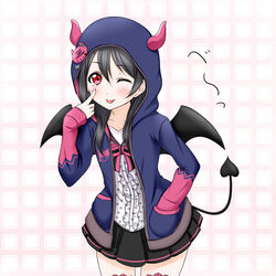  ;p black_hair black_skirt blue_jacket blush bow bowtie collarbone commentary_request copyright_name cowboy_shot demon_tail demon_wings female hair_between_eyes hand_in_pocket hood hooded_jacket horns jacket long_hair looking_at_viewer love_live! love_live!_school_idol_festival love_live!_school_idol_project miniskirt one_eye_closed pink_thighhighs pleated_skirt red_eyes roaru_(gyuren) shirt skirt solo standing striped_bow striped_bowtie striped_clothes tail thighhighs tongue tongue_out white_shirt wings yazawa_nico zettai_ryouiki 