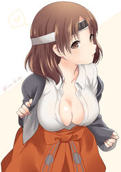  blouse blue_jacket breasts brown_eyes brown_hair chiyoda_(kancolle) cleavage collarbone commentary_request cowboy_shot eyebrows female hakama hakama_skirt headband heart ica jacket japanese_clothes kantai_collection large_breasts long_sleeves looking_at_viewer multicolored_background no_bra orange_hakama parted_lips shirt short_hair skirt solo speech_bubble spoken_heart twitter_username two-tone_background white_shirt 