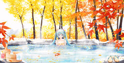  blue_eyes blue_hair breasts collarbone commentary_request day female floating_hair hair_between_eyes hair_ornament hatsune_miku highres leaf long_hair looking_at_viewer nude onsen open_mouth outdoors partially_submerged photoshop_(medium) sanaa sideboob sitting small_breasts snow solo tree twintails very_long_hair vocaloid 