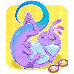  1:1 2013 68_(artist) blush digital_media_(artwork) disney eyewear glasses green_eyes hug hugging_object hugging_pillow male monster monsters_inc monsters_university multi_limb pillow pixar randall_boggs reptile scalie solo 