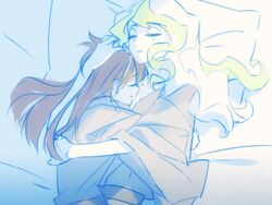  2girls commentary_request couple diana_cavendish hug kagari_atsuko little_witch_academia lowres lying milk_puppy multiple_girls sleeping yuri 