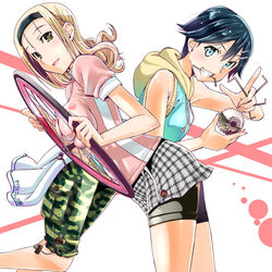  2girls allen_wrench bare_shoulders bicycle bike_jersey bike_shorts biker_clothes black_hair blonde_hair blue_eyes camouflage camouflage_pants cargo_shorts commentary_request hairband hood hooded_jacket jacket kawagoe_saika long_hair looking_at_viewer multiple_girls pants pink_shirt plaid plaid_skirt shirt short_hair shorts shouchikubai_yukimi skirt sleeveless smile tire tokyo_jitensha_shoujo. wadapen wheel 