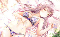  :| bang_dream! bow bra breasts clenched_hand closed_mouth collarbone commentary_request dated female floral_print grey_hair groin hand_on_own_stomach hand_up highres long_hair lying masa_(mirage77) minato_yukina navel on_back panties petals print_bra print_panties purple_bow rose_print signature small_breasts solo stomach underwear underwear_only yellow_eyes 