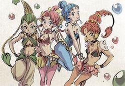  4girls amazons_quartet bishoujo_senshi_sailor_moon bishoujo_senshi_sailor_moon_supers blue_eyes blue_hair bubble cerecere_(sailor_moon) commentary_request earrings green_hair hair_bun highres jewelry junjun_(sailor_moon) long_hair masso midriff multi-tied_hair multiple_girls pallapalla_(sailor_moon) pink_hair red_hair single_hair_bun vesves_(sailor_moon) 