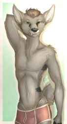  2016 anthro bare_chest biped birthmark black_nose bldymalice briefs bulge cervine clothed clothing deer digital_drawing_(artwork) digital_media_(artwork) eyebrows fangs front_view fur hair looking_at_viewer male mammal markings multicolored_body multicolored_fur muscular muscular_anthro muscular_male nipples portrait short_hair simple_background smile solo standing teeth topless tufted_deer two_tone_body two_tone_fur underwear venison_belevik 