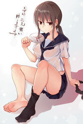  barefoot batatata77 black_socks brown_eyes brown_hair commentary fanning_face feet female hand_fan highres holding hot looking_at_viewer low_ponytail no_bra no_shoes original panties pantyshot paper_fan pleated_skirt school_uniform see-through shadow shochuumimai sidelocks single_sock sitting skirt socks solo sweat toes translated uchiwa underwear white_panties 