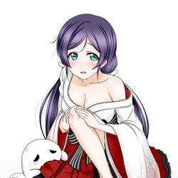  aqua_eyes blood breasts bruise cleavage collarbone commentary_request female hair_ribbon hakama hakama_skirt injury japanese_clothes kimono large_breasts long_hair looking_at_viewer love_live! love_live!_school_idol_festival love_live!_school_idol_project off_shoulder open_mouth purple_hair red_hakama ribbon roaru_(gyuren) simple_background skirt solo tojo_nozomi twintails very_long_hair white_background white_kimono white_ribbon 