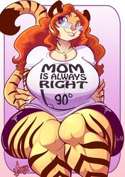  2016 anthro big_breasts breasts curvy_figure english_text eyewear felid female glasses hi_res huge_breasts huge_thighs jaeh mammal mature_anthro mature_female pantherine smile solo tanya_bellacrow text thick_thighs tiger voluptuous 