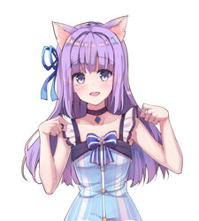  :d aikatsu! aikatsu!_(series) animal_ears bare_arms black_choker blue_dress blue_ribbon blush cat_ears choker collarbone commentary_request dress female hair_ribbon head_tilt highres hikami_sumire kemonomimi_mode leaning_to_the_side long_hair looking_at_viewer makiaato oerba_yun_fang open_mouth purple_eyes purple_hair ribbon simple_background sleeveless sleeveless_dress smile solo upper_body white_background 